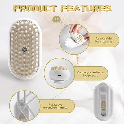 3-in-1 Steam Brush with Steamer - Suitable for Cats, Dogs and All Pets (White)