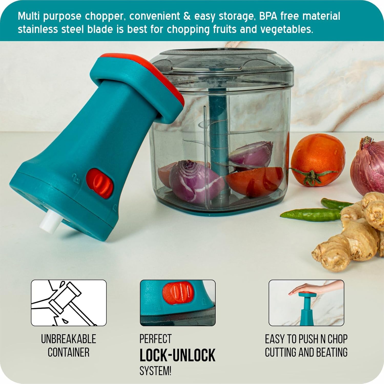 Hand-press vegetable and fruit chopper